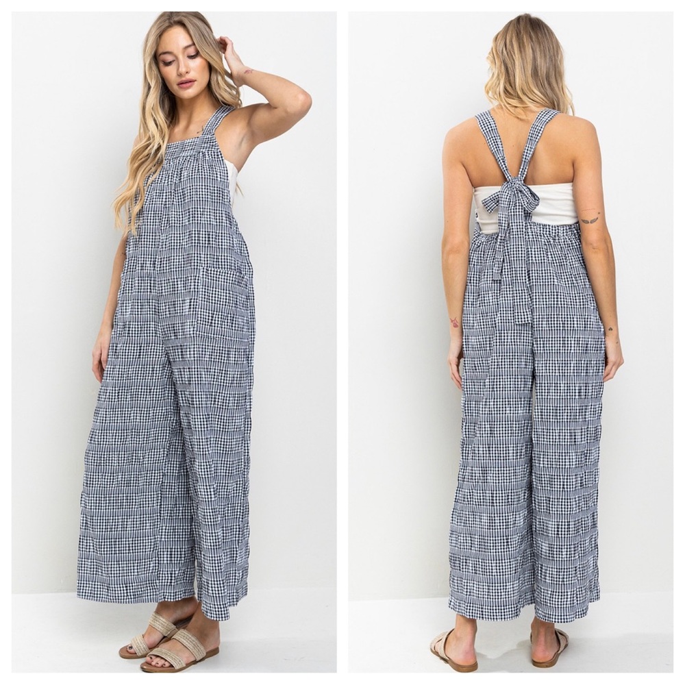 15 Boho Loose fit Plaid Wide-Leg Jumpsuit Side Pockets and adjustable straps - Picture 2 of 4